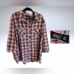 Okay pink plaid cotton shirt with roll tab sleeves, sz 4x